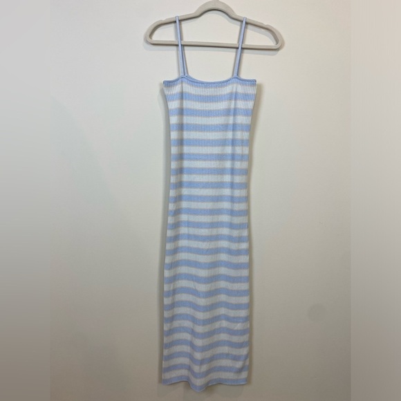 Zara Midi Pastel Striped Ribbed Knit Dress Blue White Beige Spaghetti Strap Sz L - Picture 12 of 16